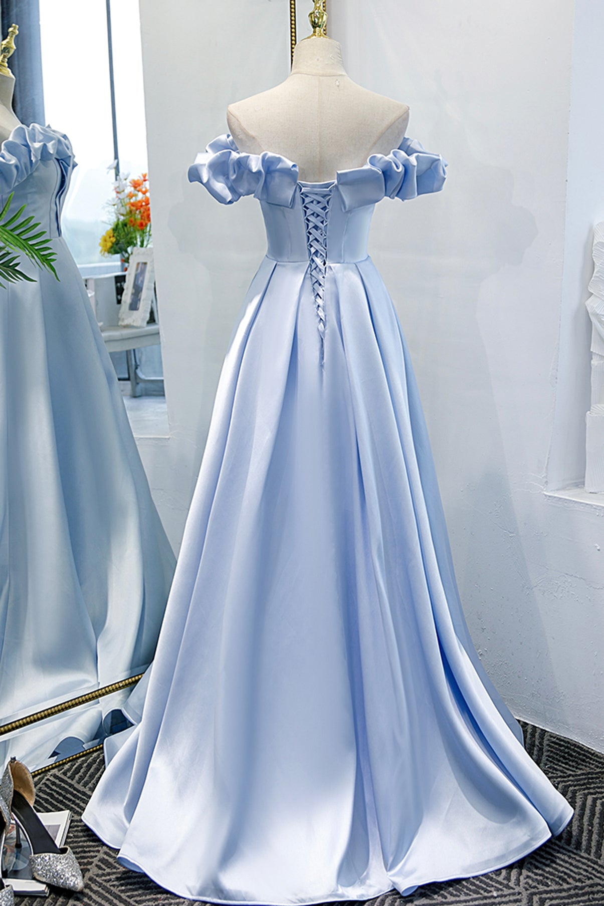 Blue satin long A line prom dress blue evening dress 8746