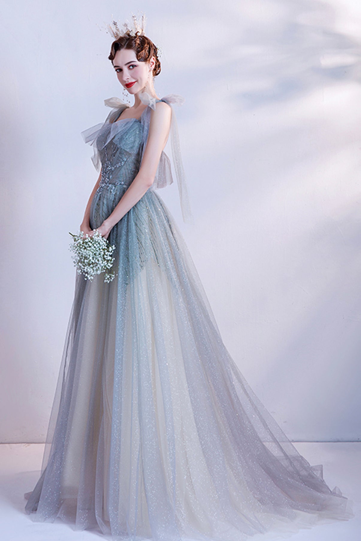 Cute tulle long A line prom dress evening dress 8703