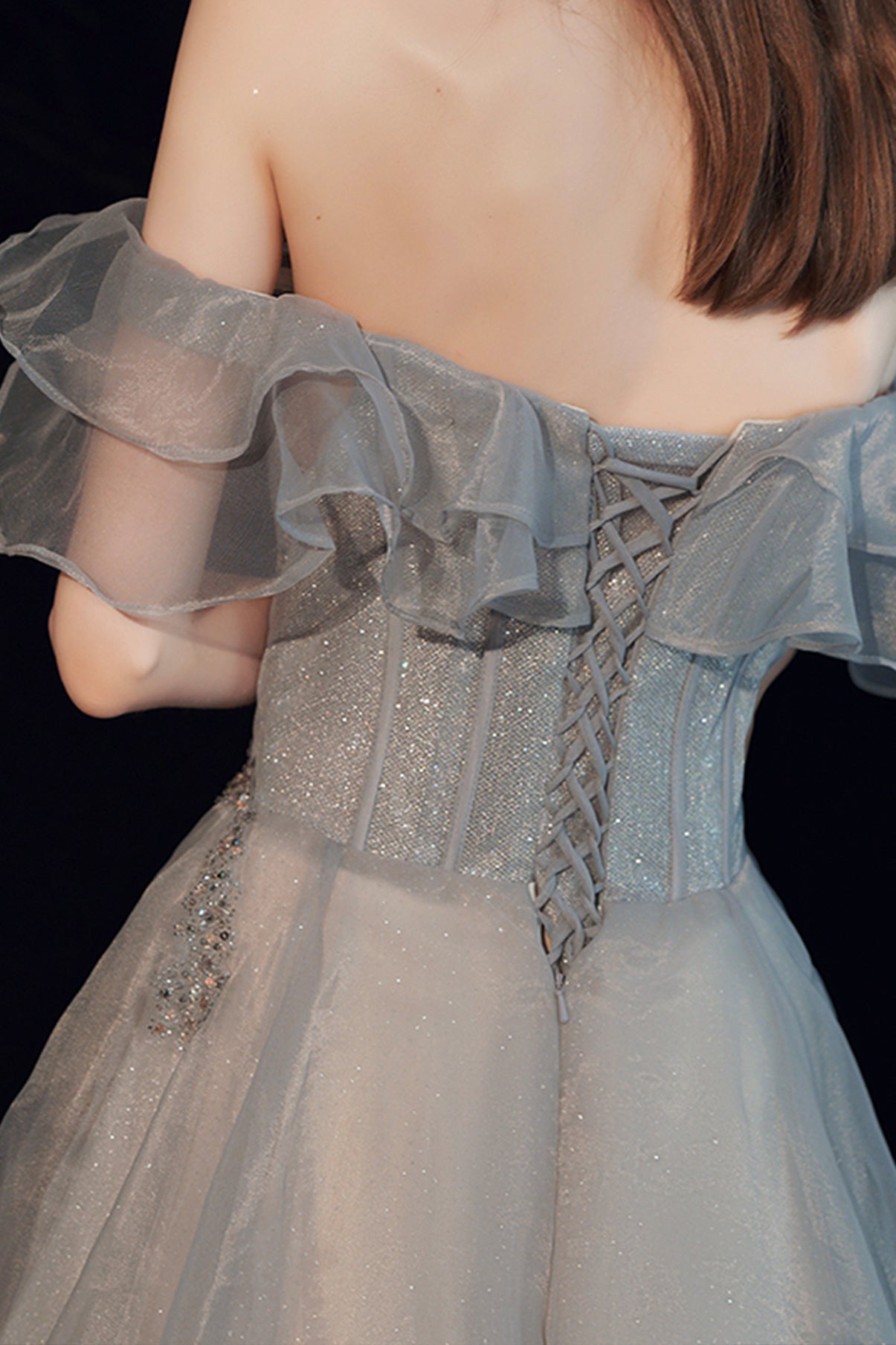 Shiny tulle long prom dress A line evening dress 8593
