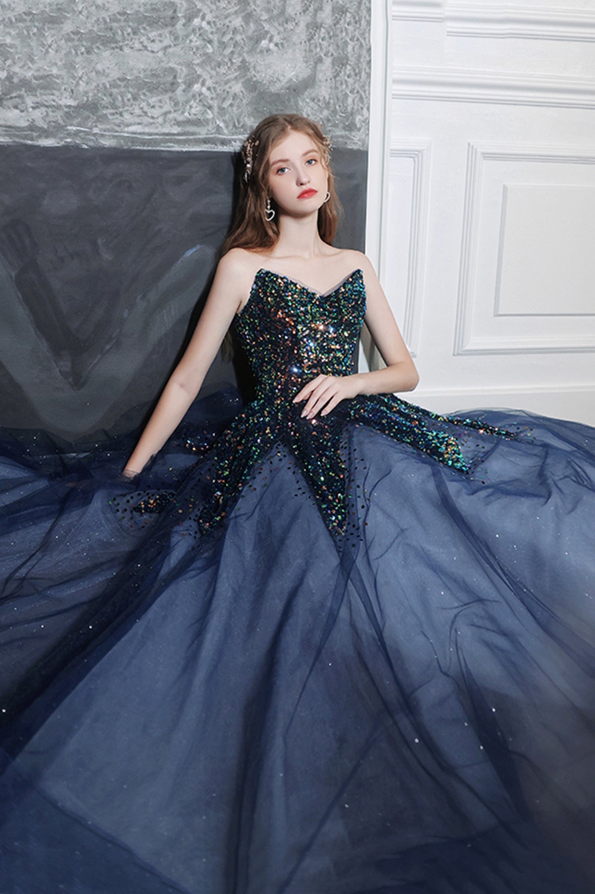Shiny sequins long prom dress A line evening dress 8577