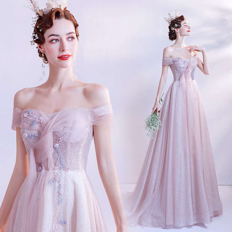 Pink tulle long A line prom dress pink evening dress 8768