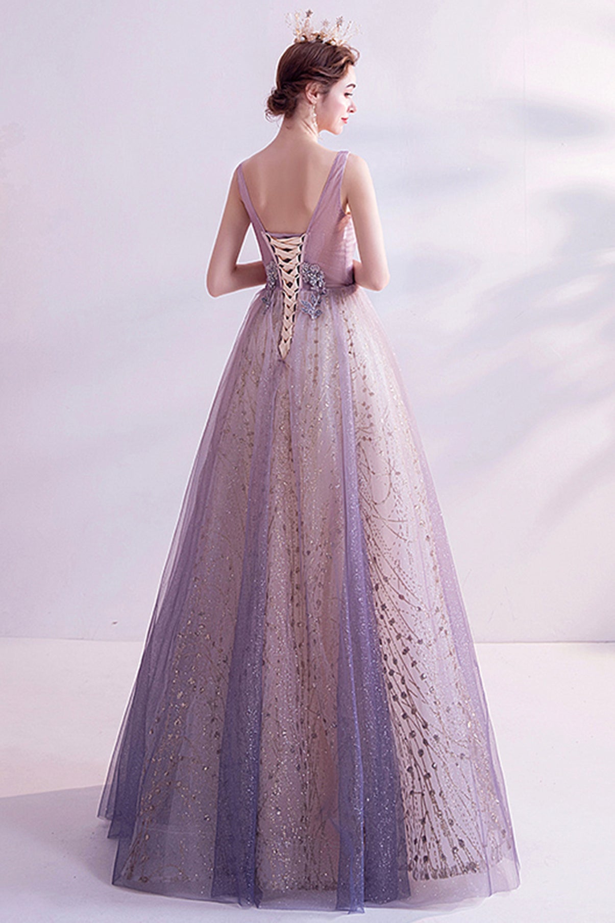 Purple tulle long A line prom dress evening dress 8739