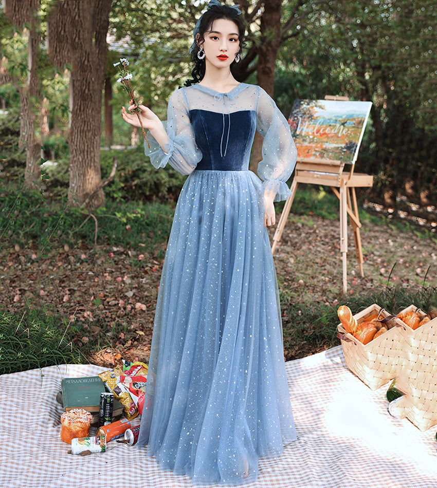 Blue velvet tulle long prom dress blue evening dress 8533