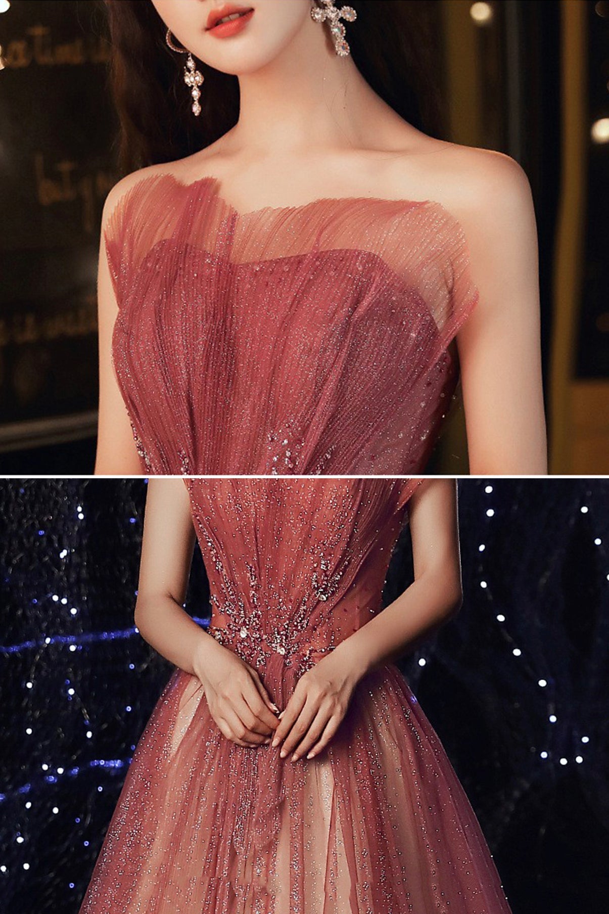 Shiny tulle sequins long prom dress A line evening dress 8580