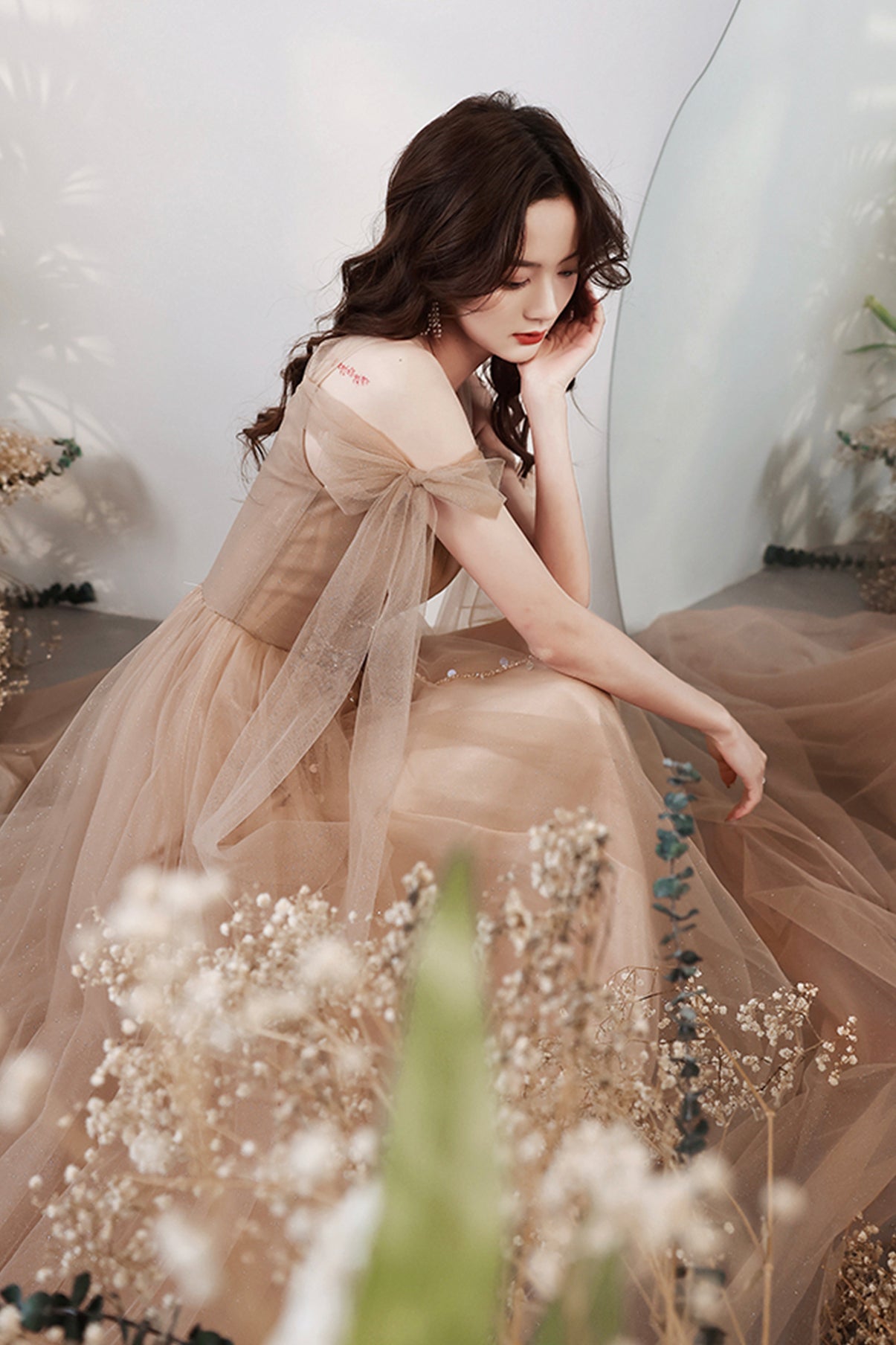 Cute tulle long A line prom dress evening dress 8667
