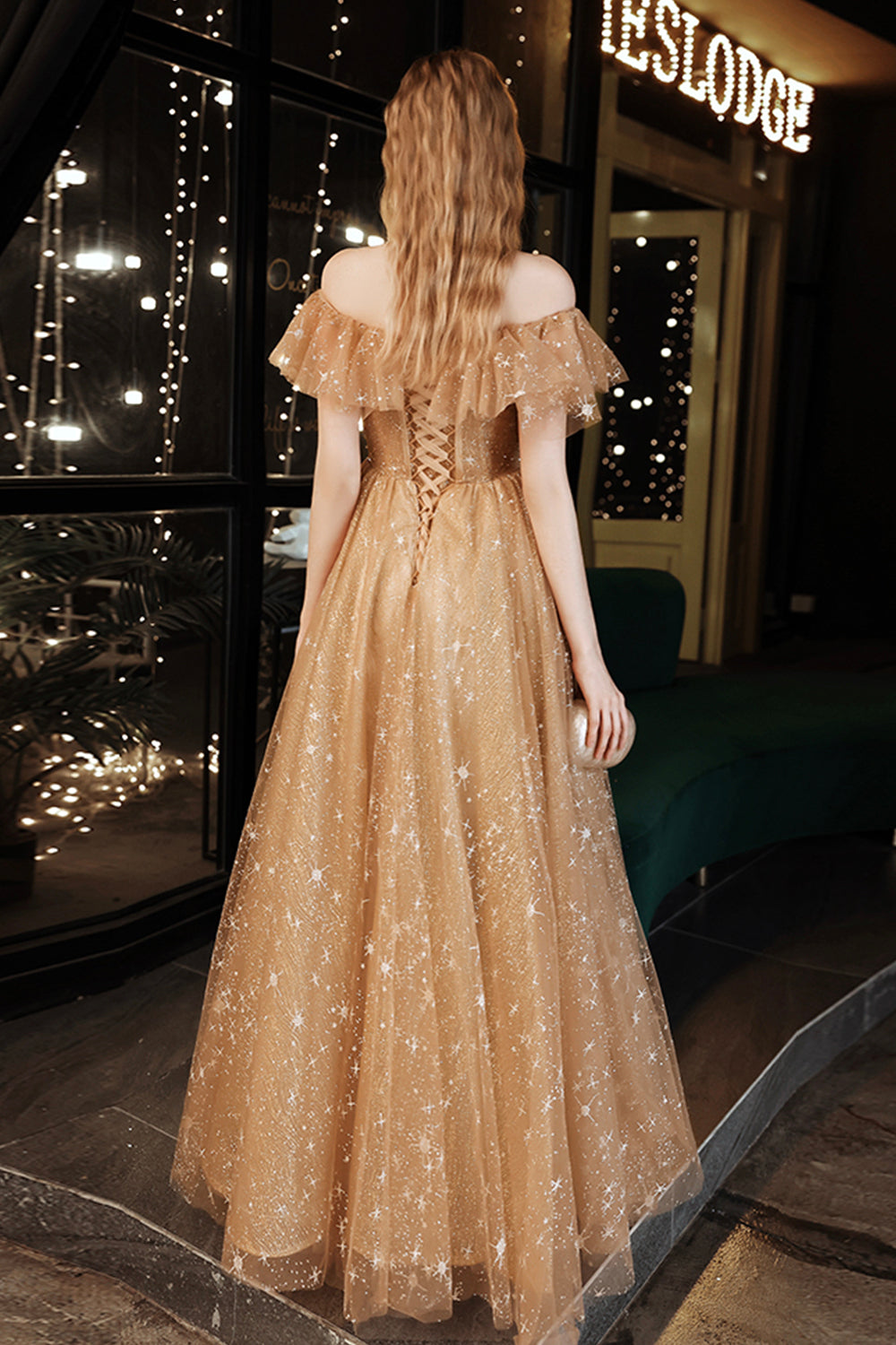 Gold tulle sequins long prom dress evening dress 8508
