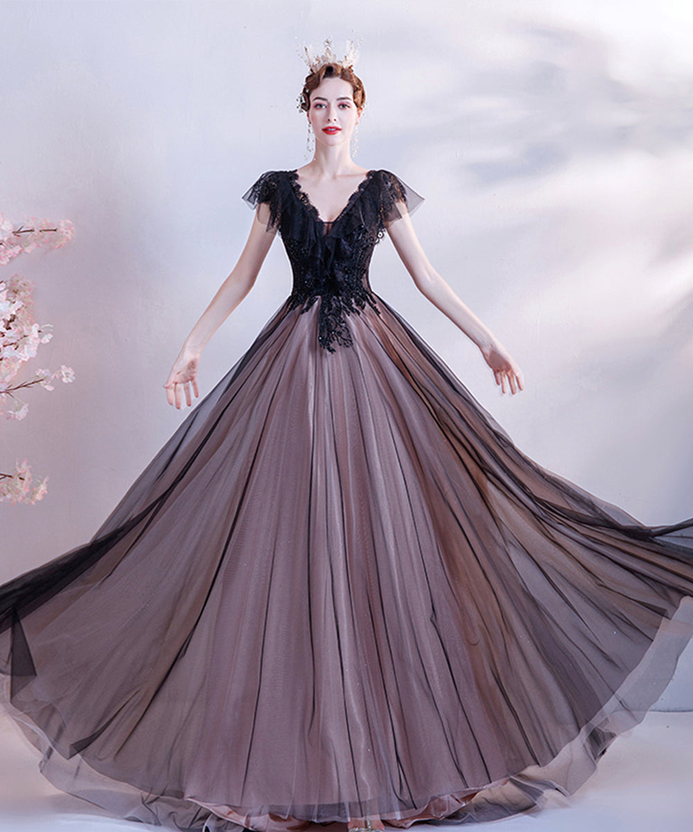 Black v neck tulle long prom dress evening dress 8512