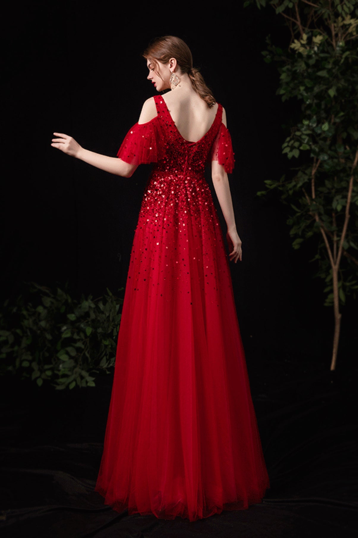 Red tulle sequins long A line prom dress red evening dress 8737