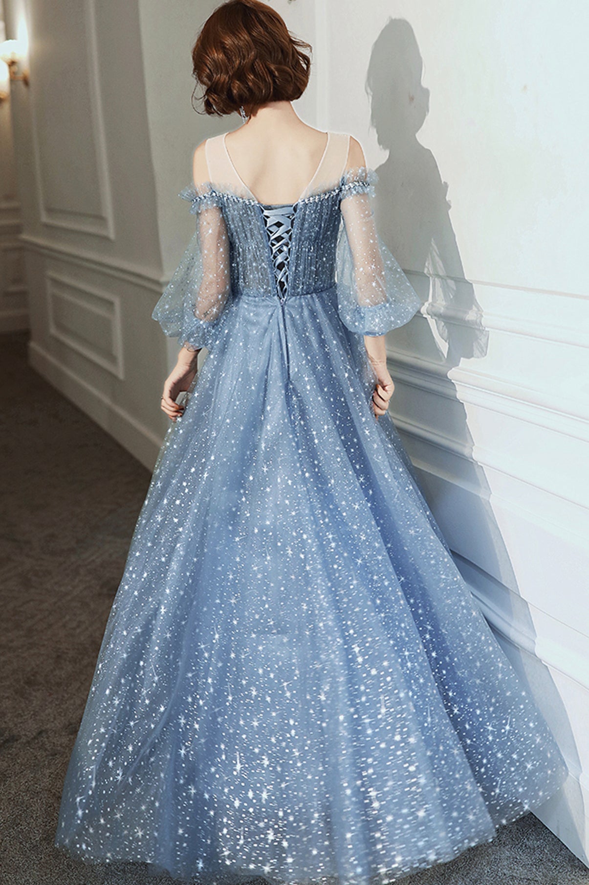 Blue tulle long A line prom dress blue evening dress 8759