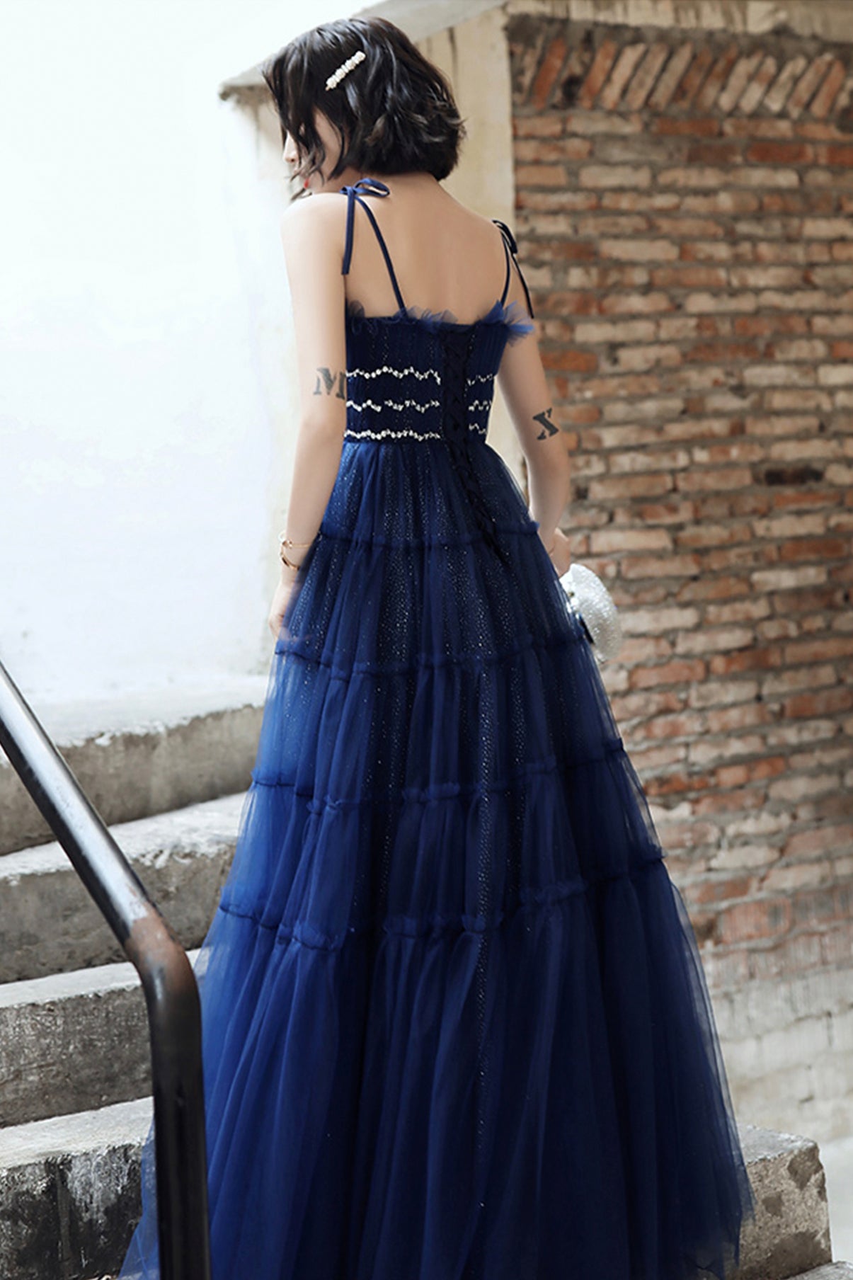 Blue tulle long A line prom dress blue evening dress 8741
