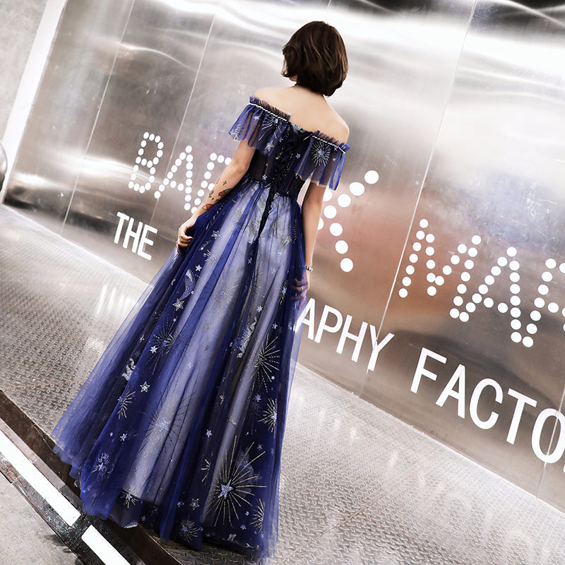 Blue tulle long prom dress with stars 8481