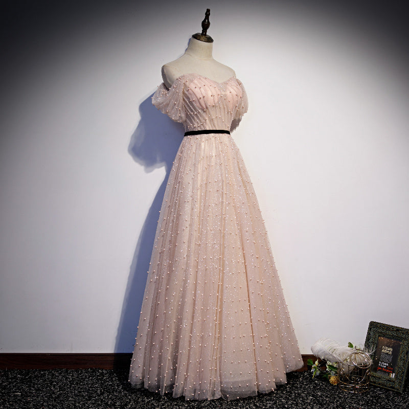 Lovely A line tulle pearl long prom dress evening dress 8685