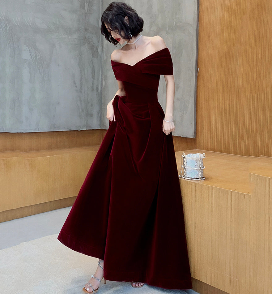 Burgundy Elegant Fashion Strapless Long Velvet Ball Gown Evening Dress 8482