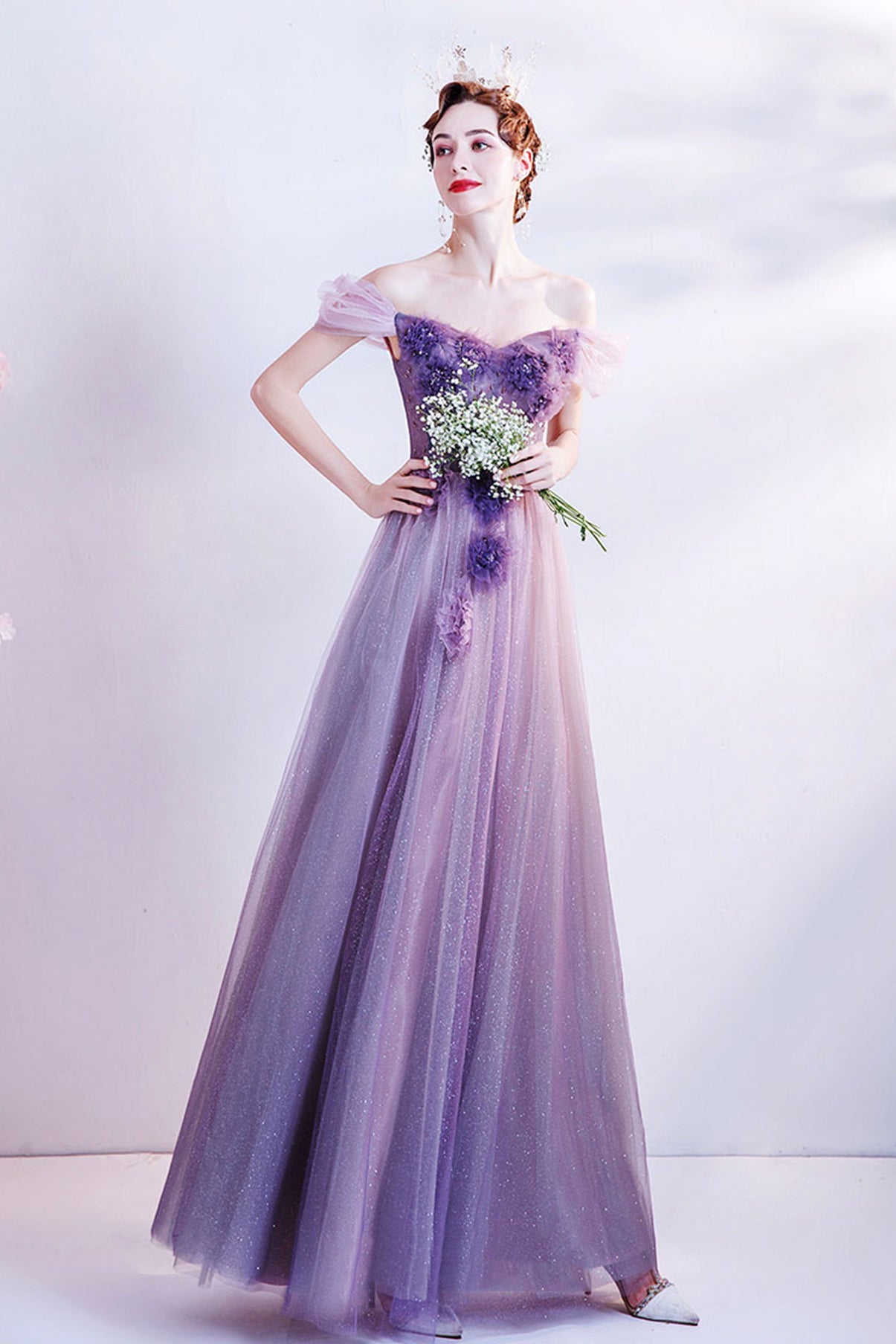 Purple tulle long A line prom dress evening dress 8740