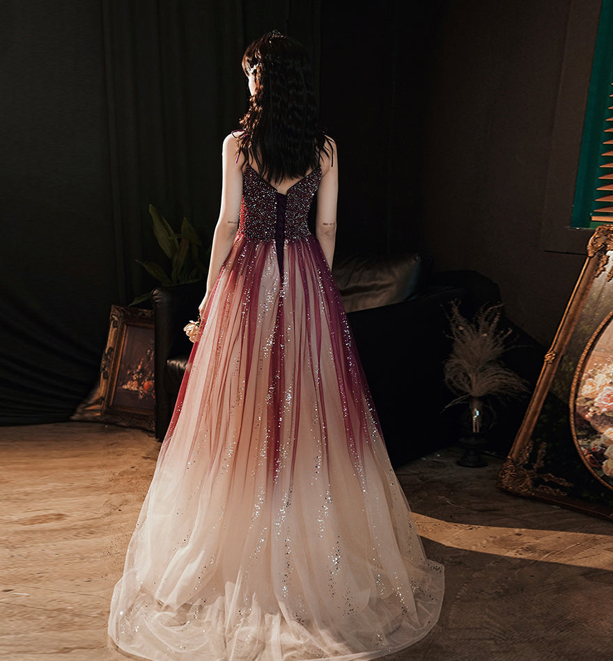 Burgundy tulle beads long prom dress evening dress 8459