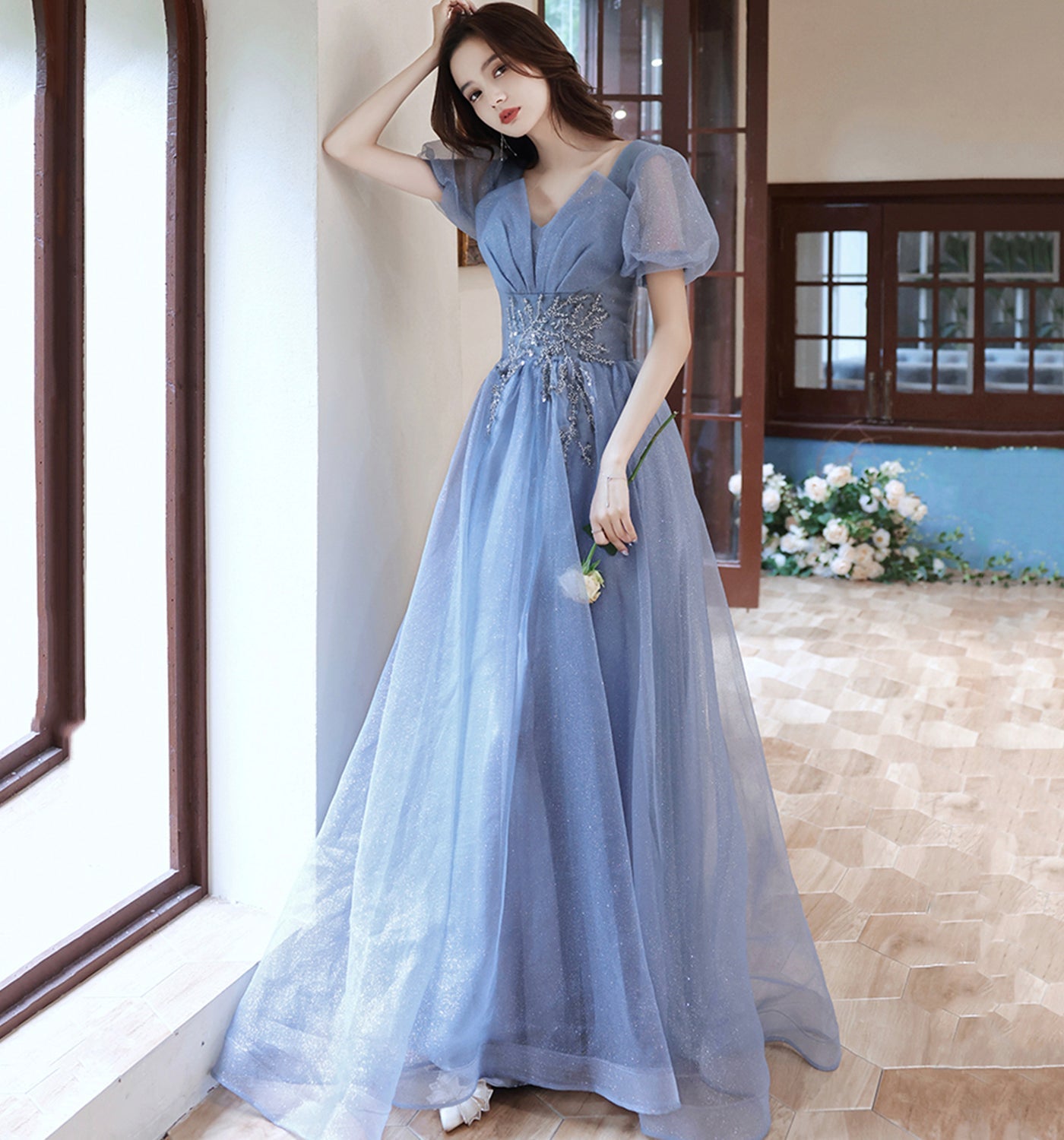 Blue tulle sequins long prom dress A line evening gown 10013
