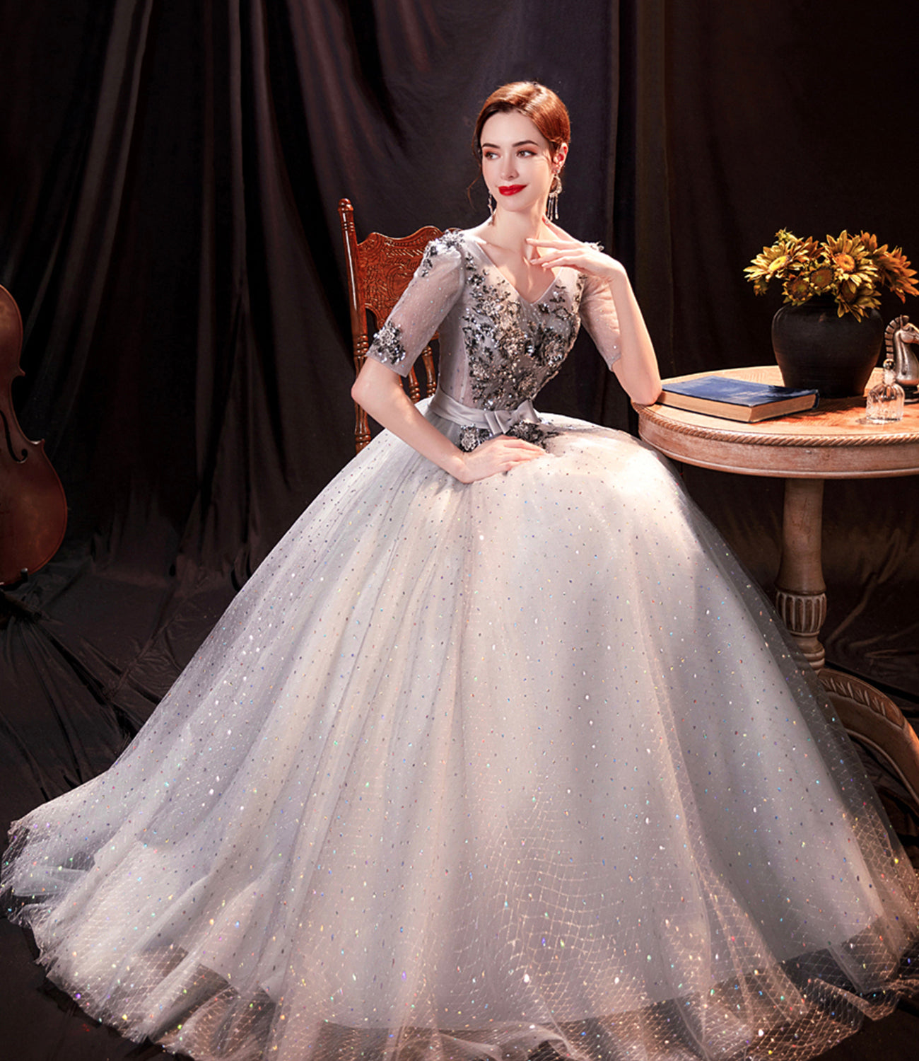 Gray tulle sequins long prom dress A line evening dress 8996
