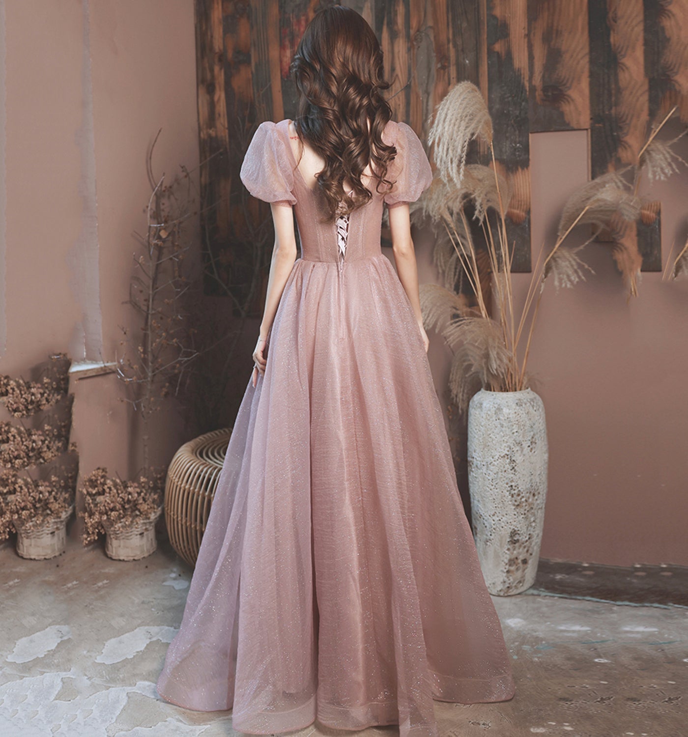 Pink tulle sequins long prom dress A line evening gown 10015