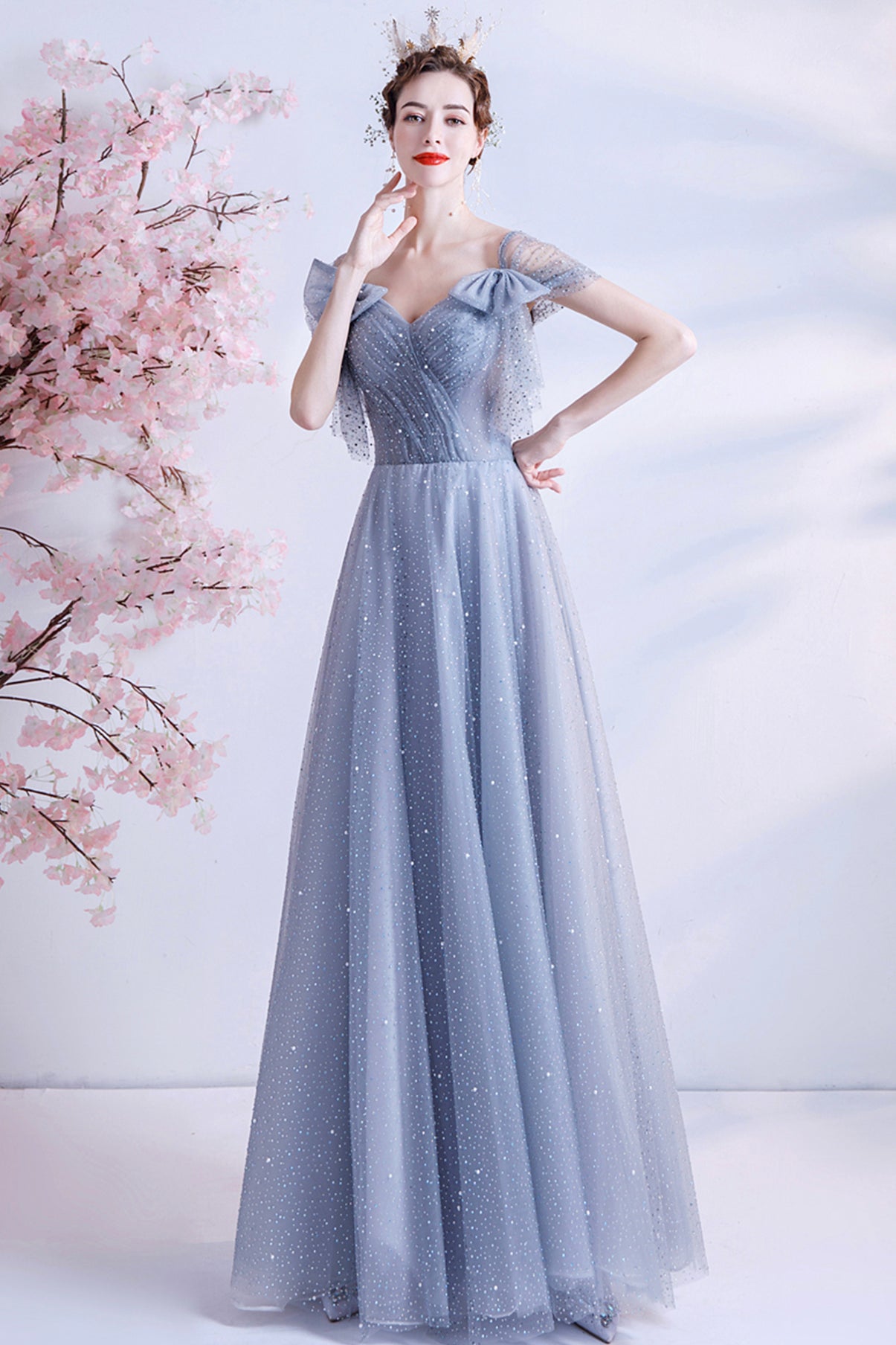Gray tulle sequins long A line prom dress evening dress 8690