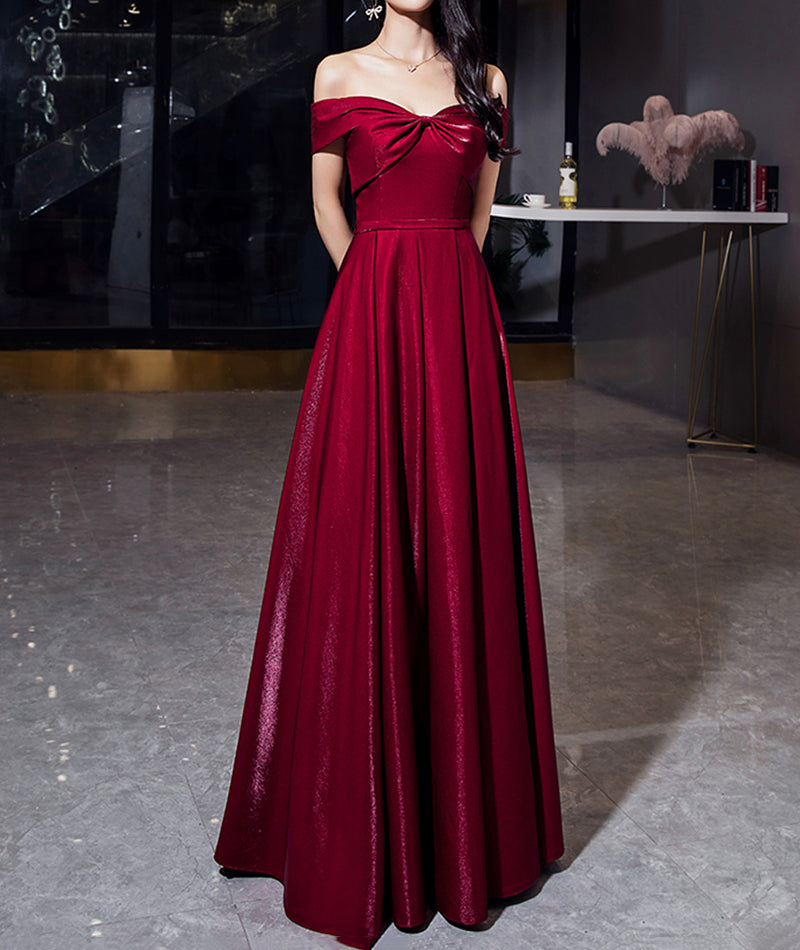 Shiny satin long prom dress burgundy evening dress 8489