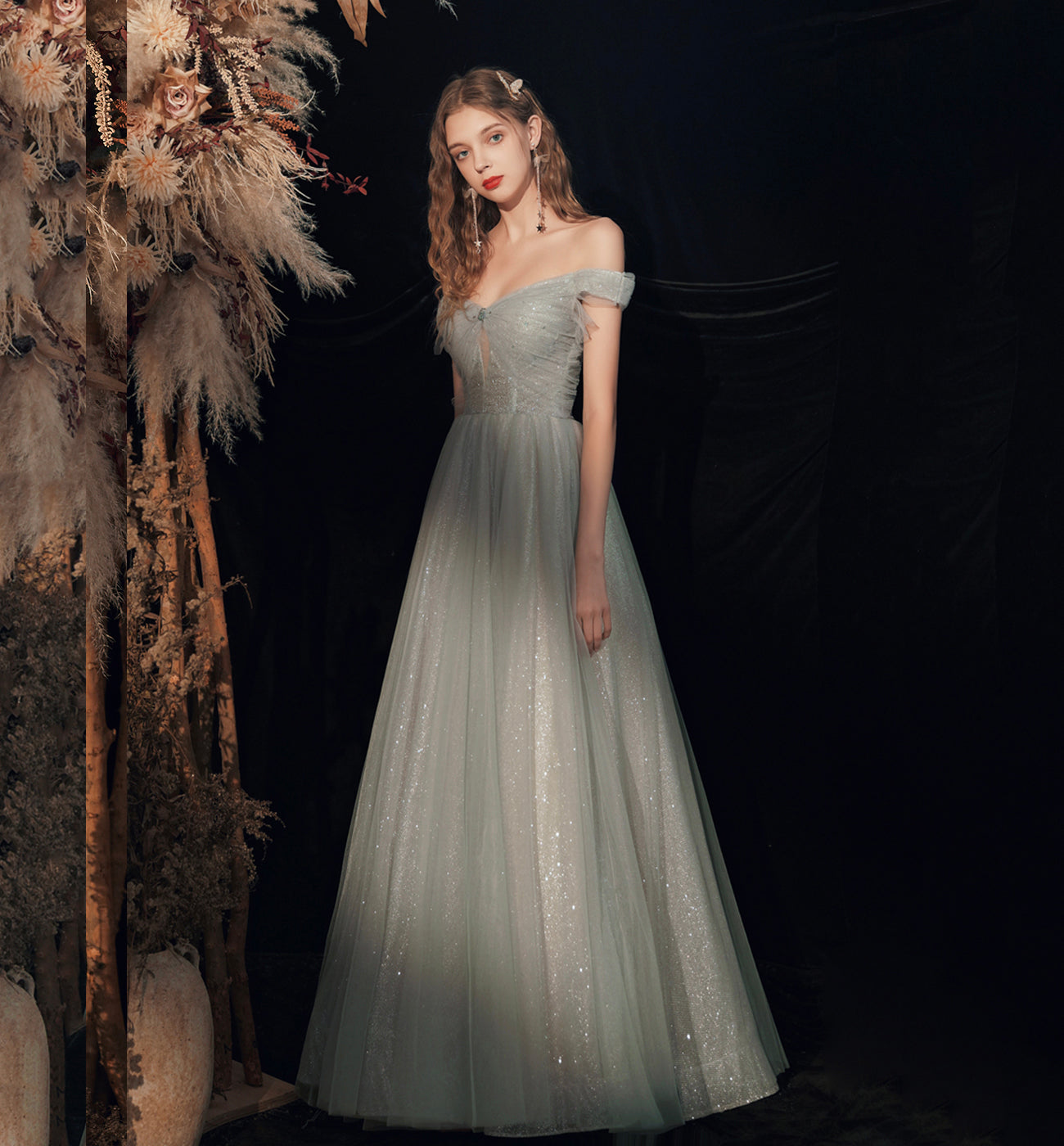 Shiny tulle sequins long prom dress green evening dress 8620