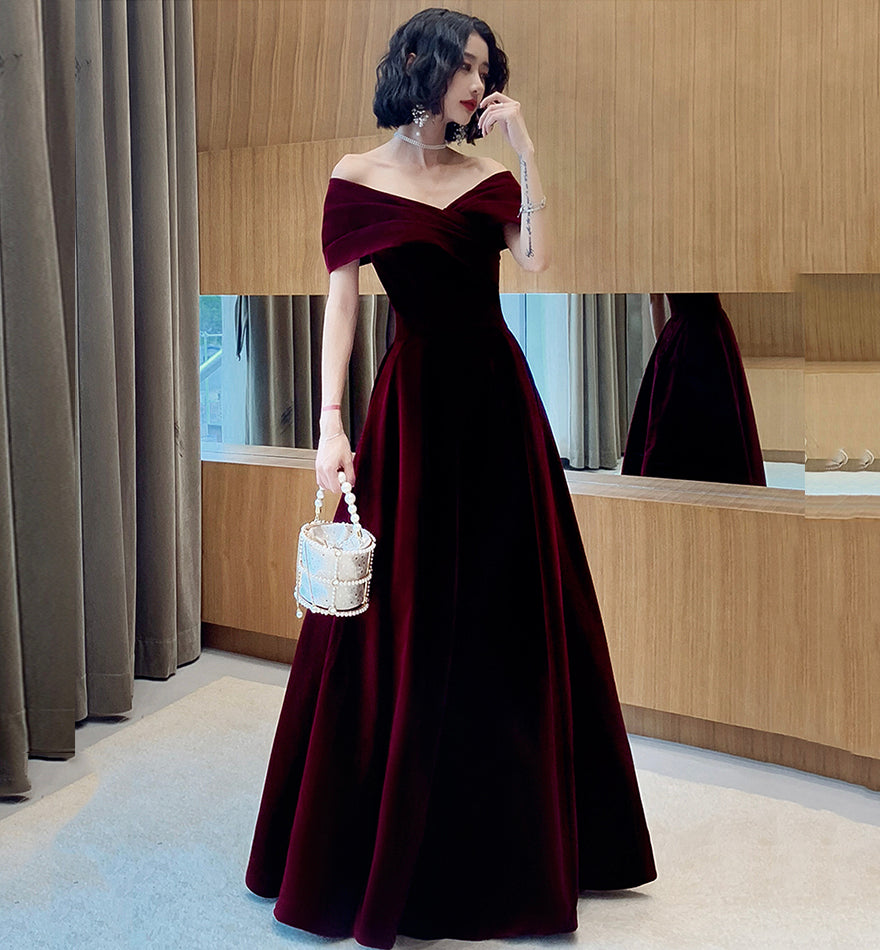 Burgundy Elegant Fashion Strapless Long Velvet Ball Gown Evening Dress 8482