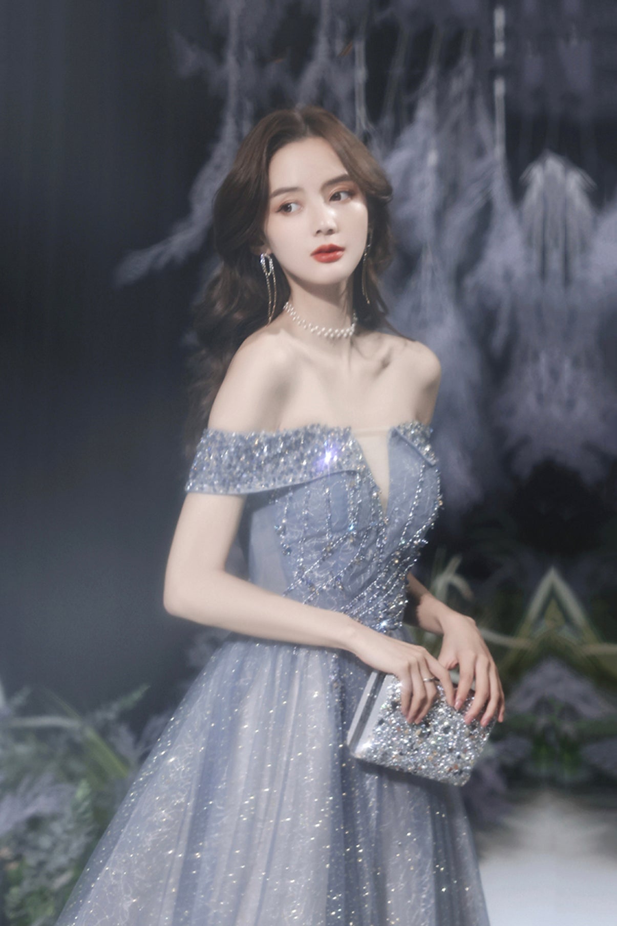 Grey tulle beads long prom dress shiny evening dress 8569