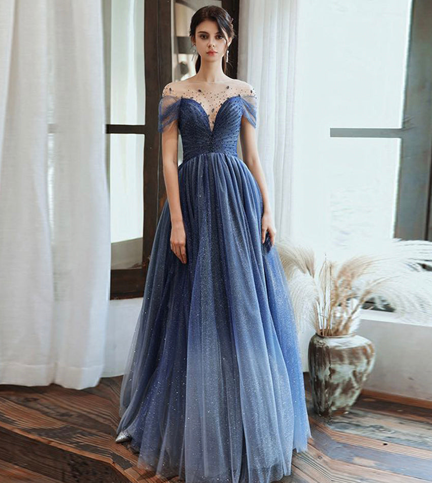 Blue tulle beads long prom dress evening dress 8434