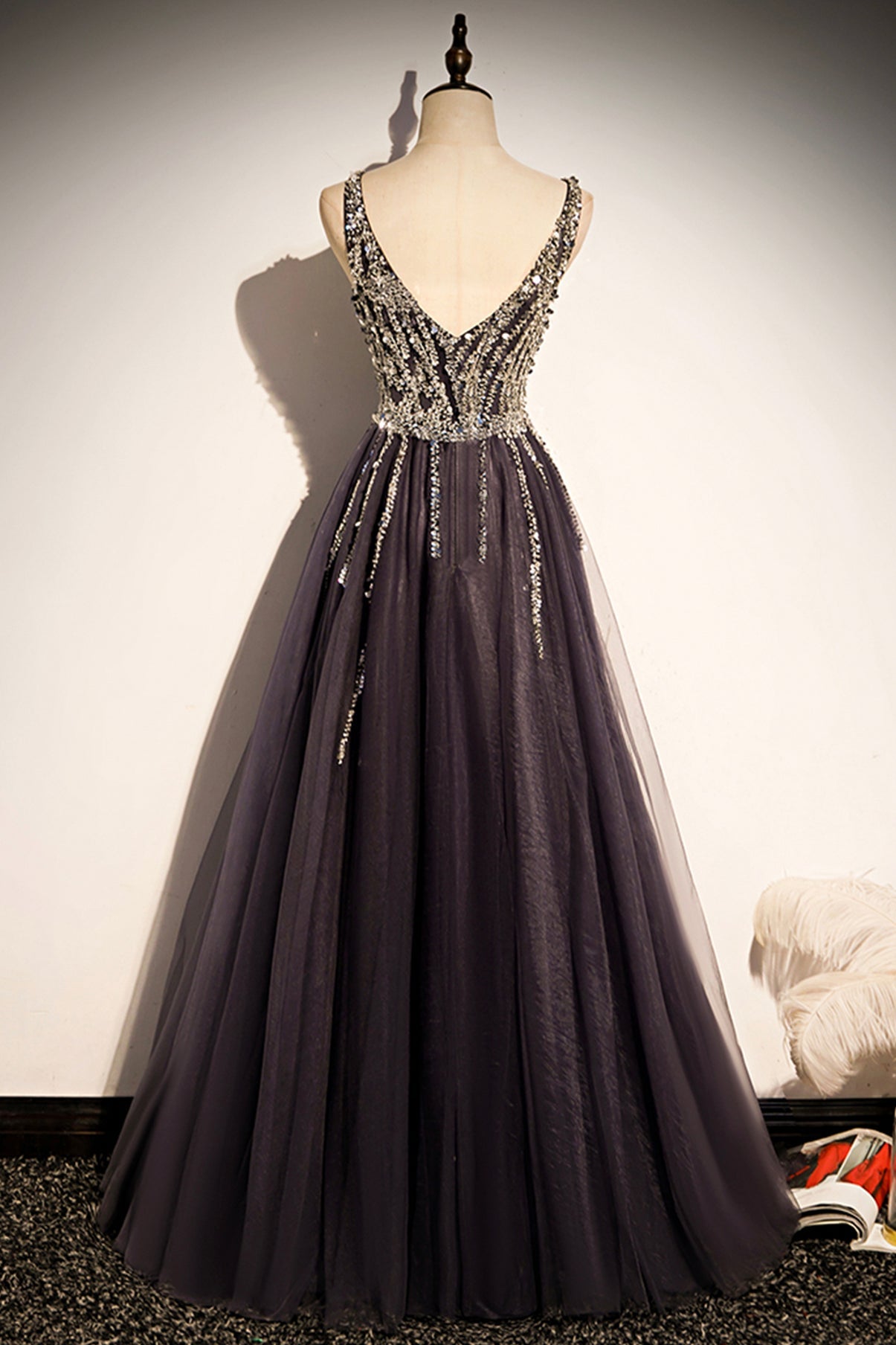 Stylish v neck tulle long prom dress A line evening dress 8640