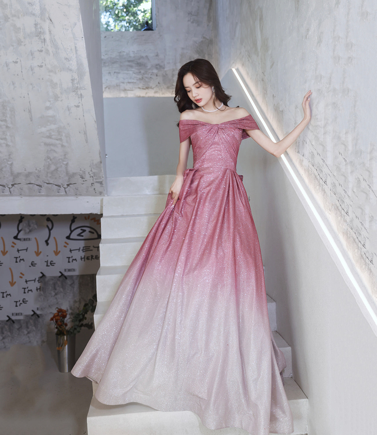 Pink gradient long A line prom dress evening dress 8823