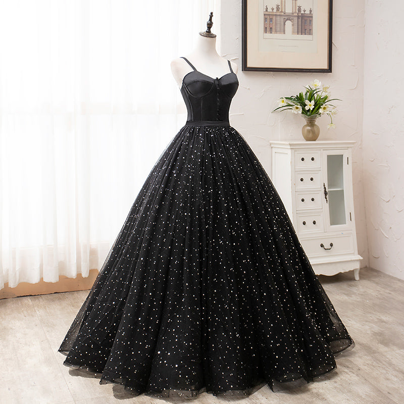 Black tulle long prom gown black evening dress 8456