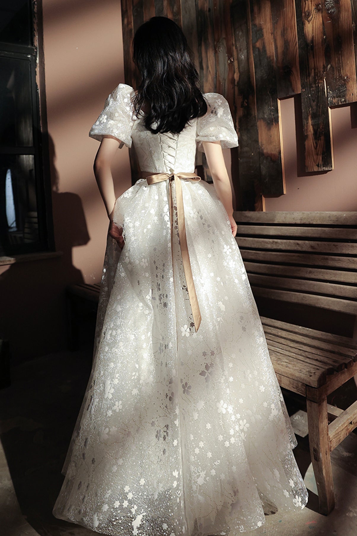Sweet A line sequins long prom dress white evening dress 8675