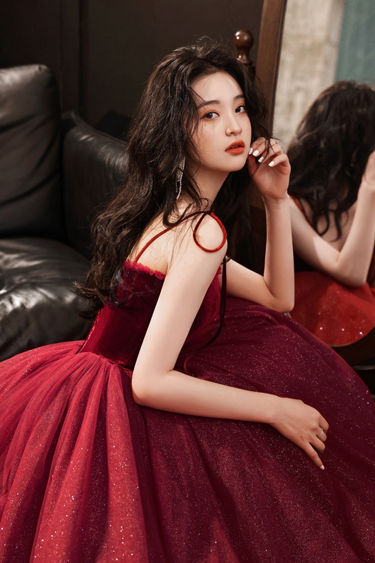 Burgundy tulle short A line prom dress party dress 8788