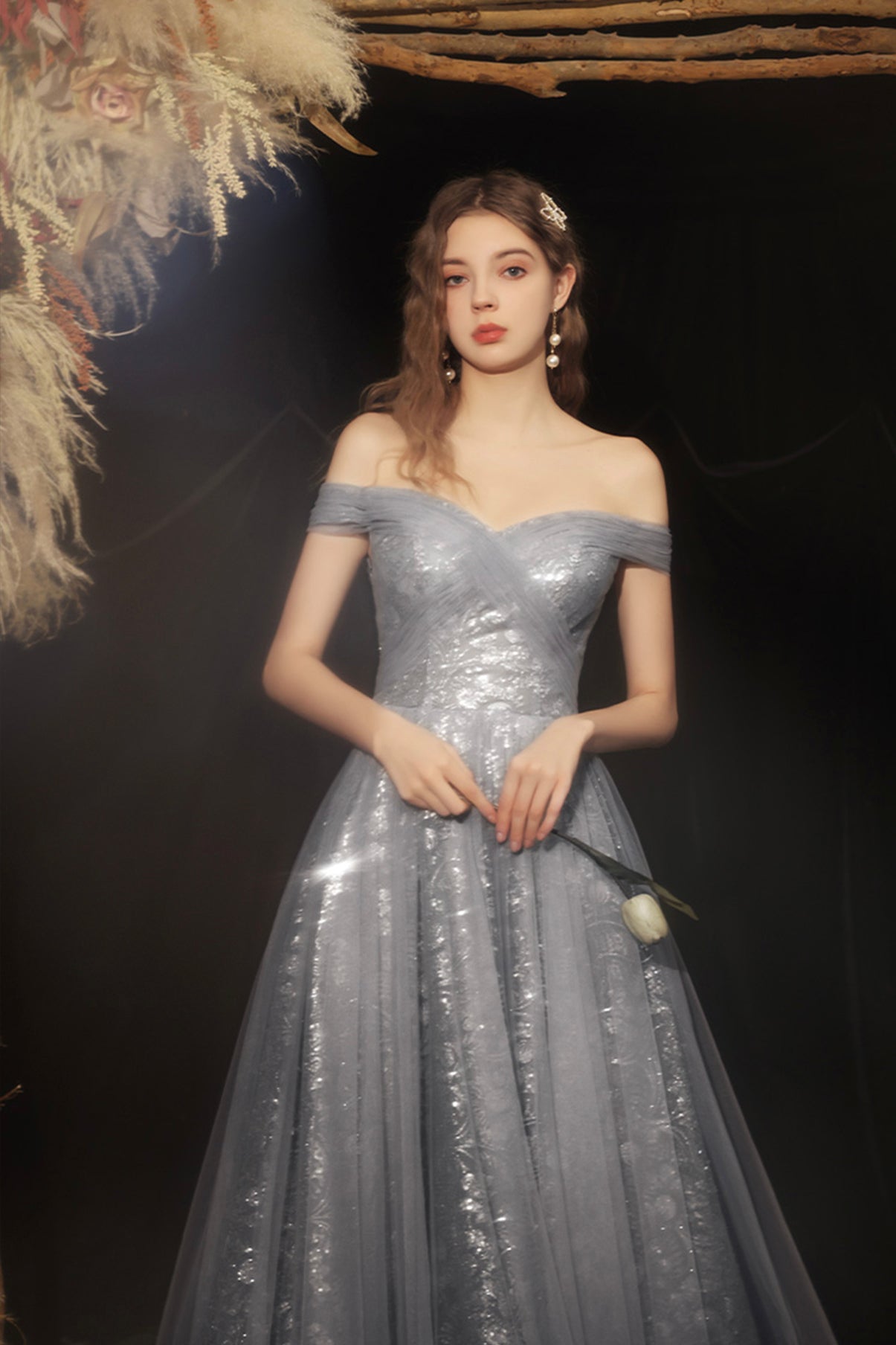 Grey long A line prom dress off shoulder evening dress 8592