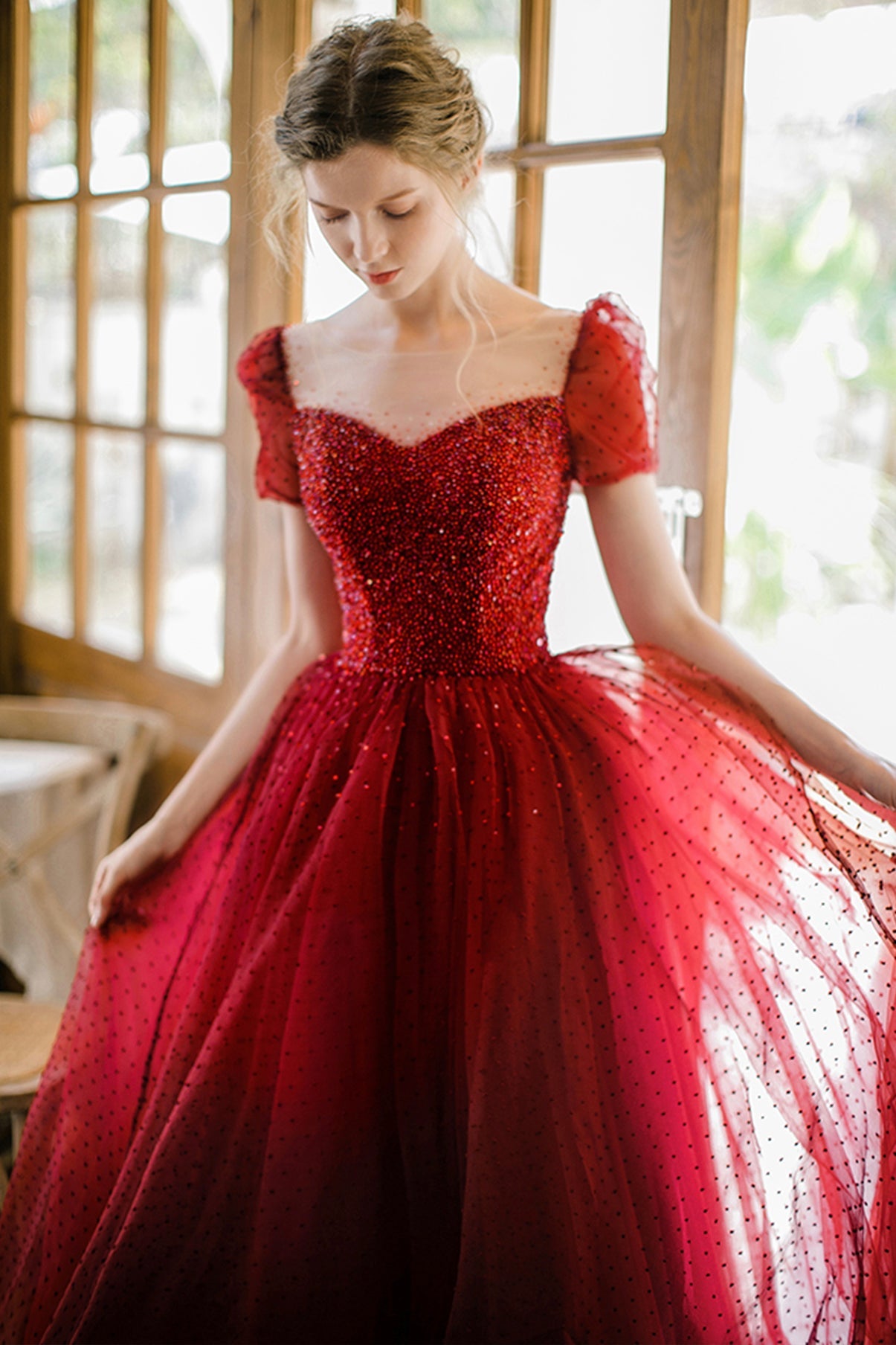 Burgundy Sparkling Beaded A-line Long Tulle Elegant Ball Gown Evening Dress 8645