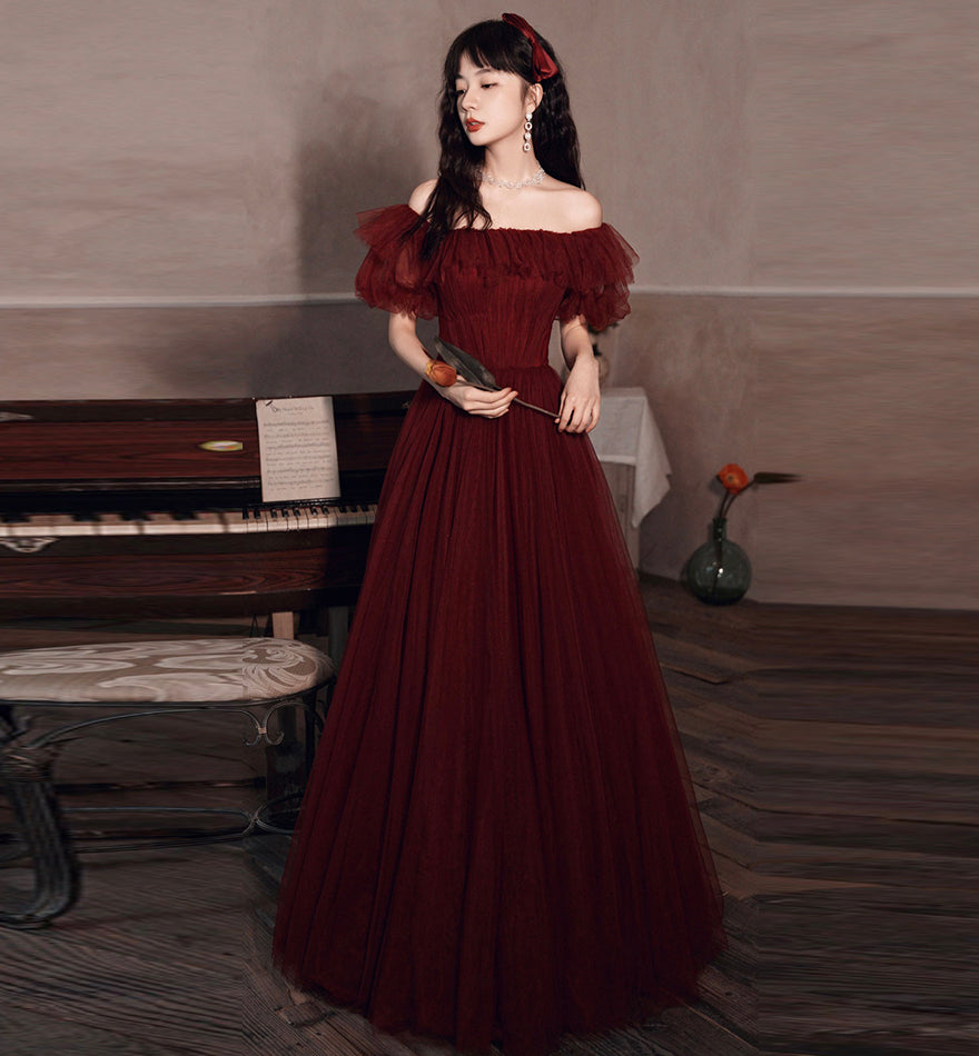 Burgundy tulle long prom gown formal dress 8435