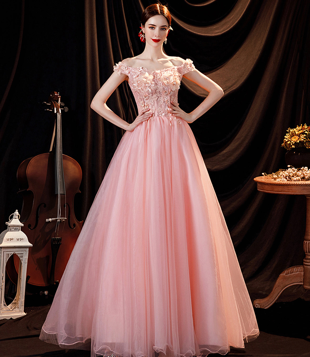 Pink tulle applique long A line prom dress evening dress 8815