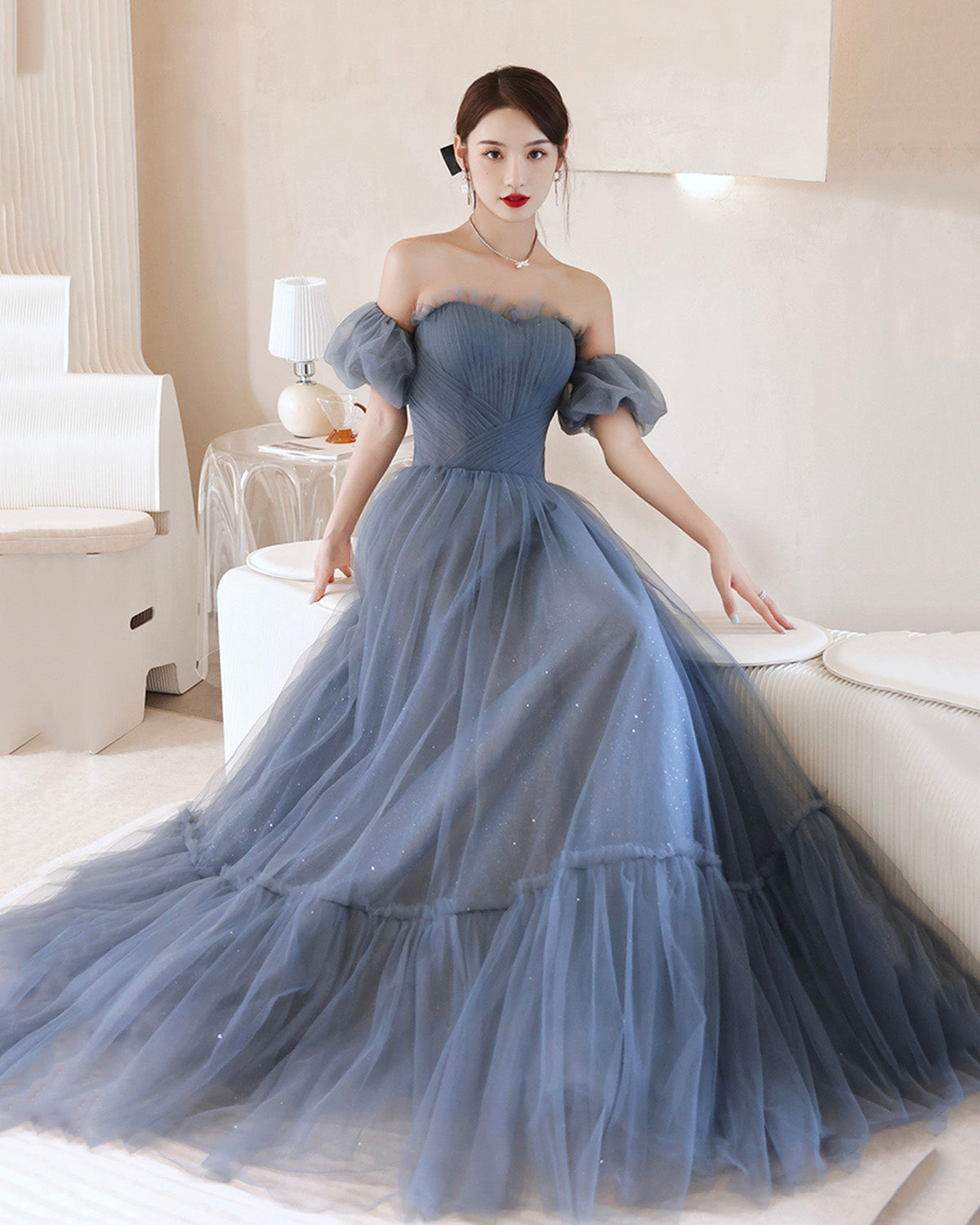 Blue tulle long A line prom dress blue evening dress 8903