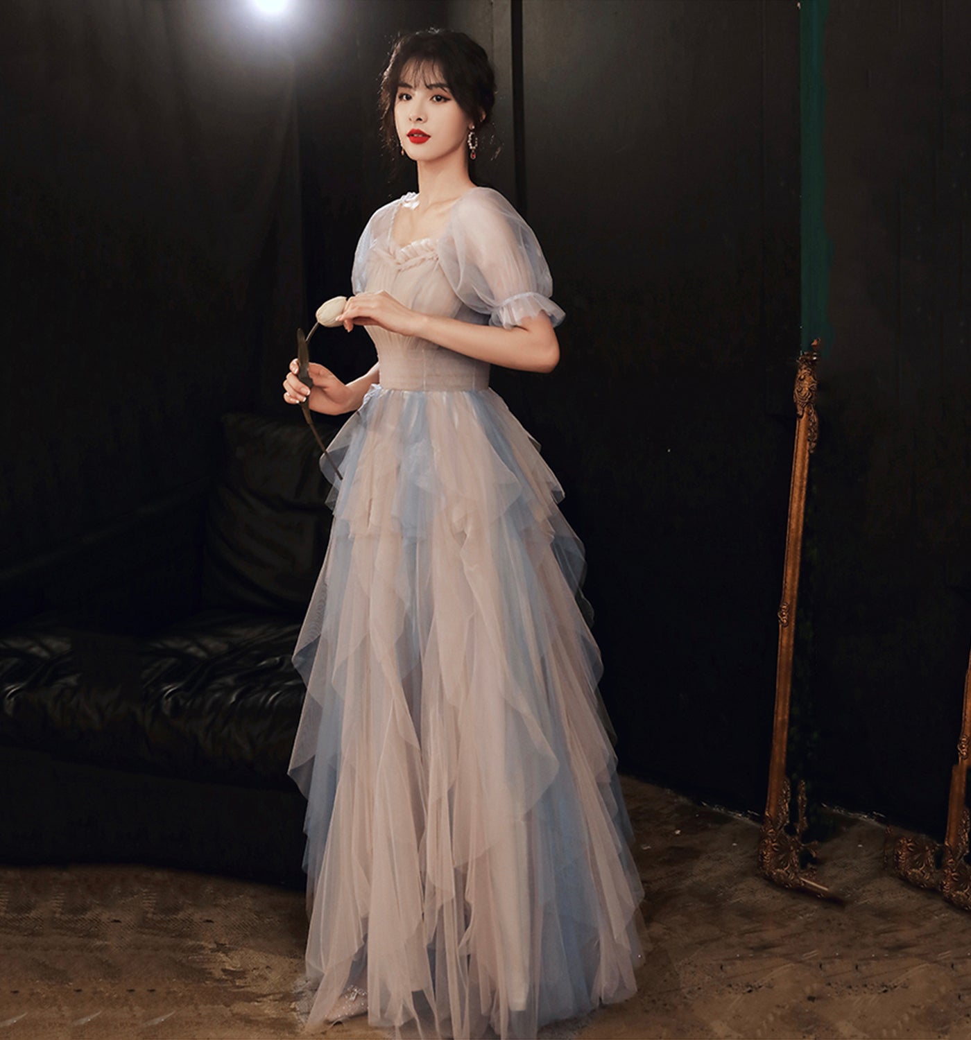 Cute tulle long A line prom dress evening dress 8905