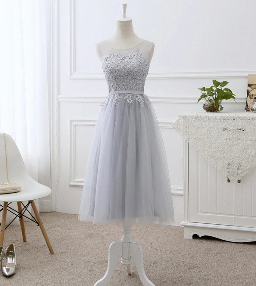 Gray tulle lace prom dress A line evening dress 8442