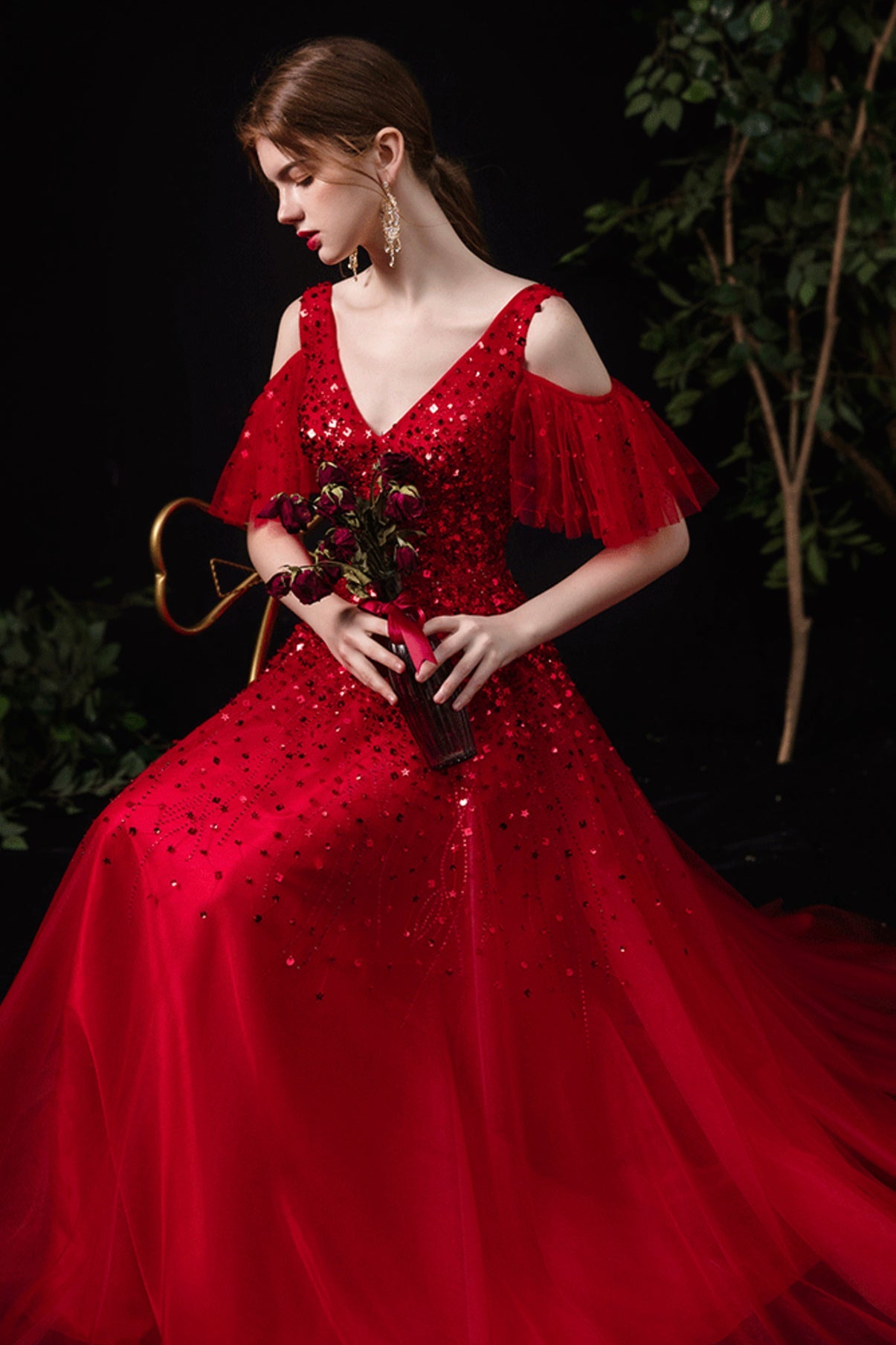 Red tulle sequins long A line prom dress red evening dress 8737