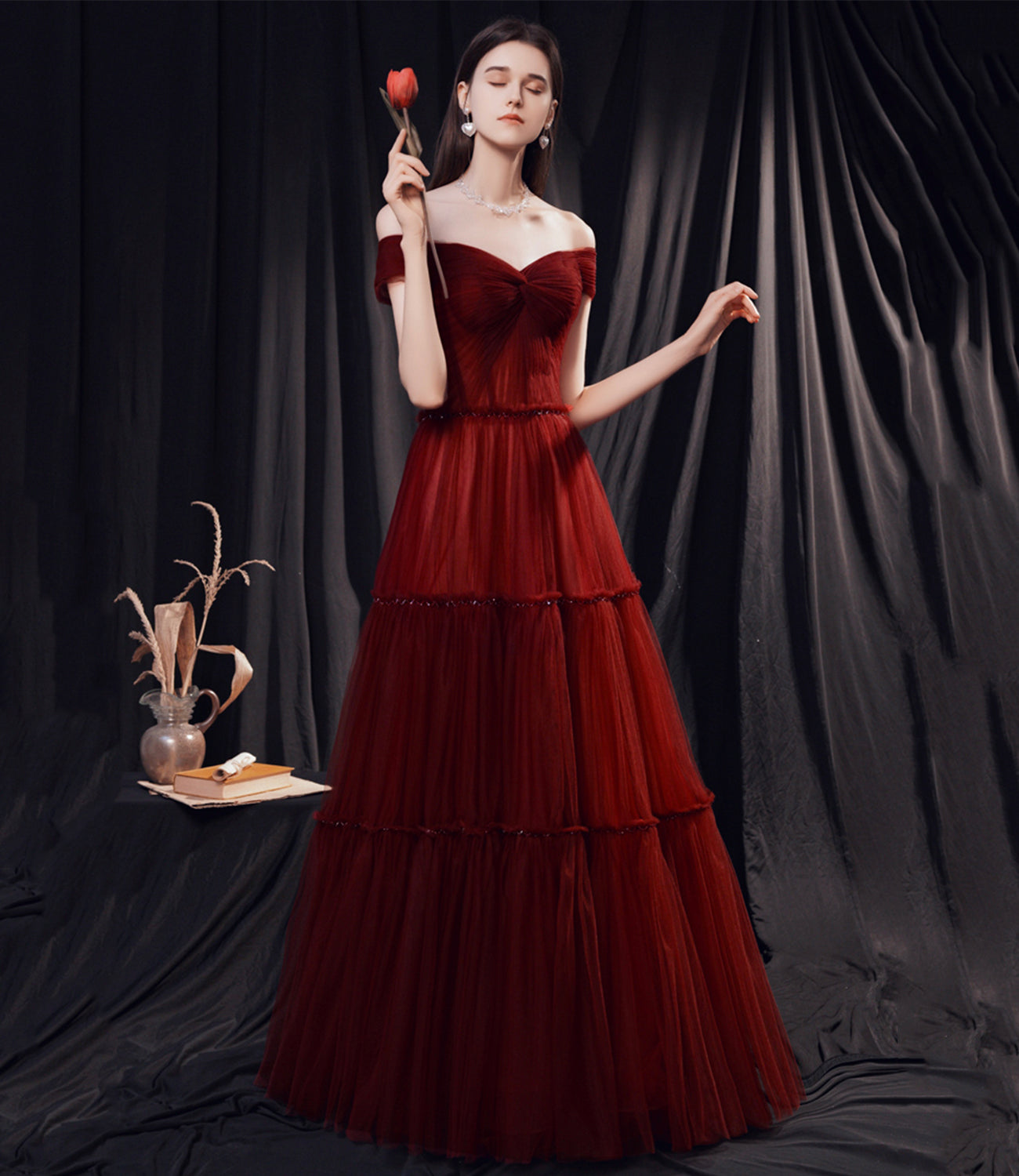 Stylish tulle long prom dress burgundy evening dress 8873