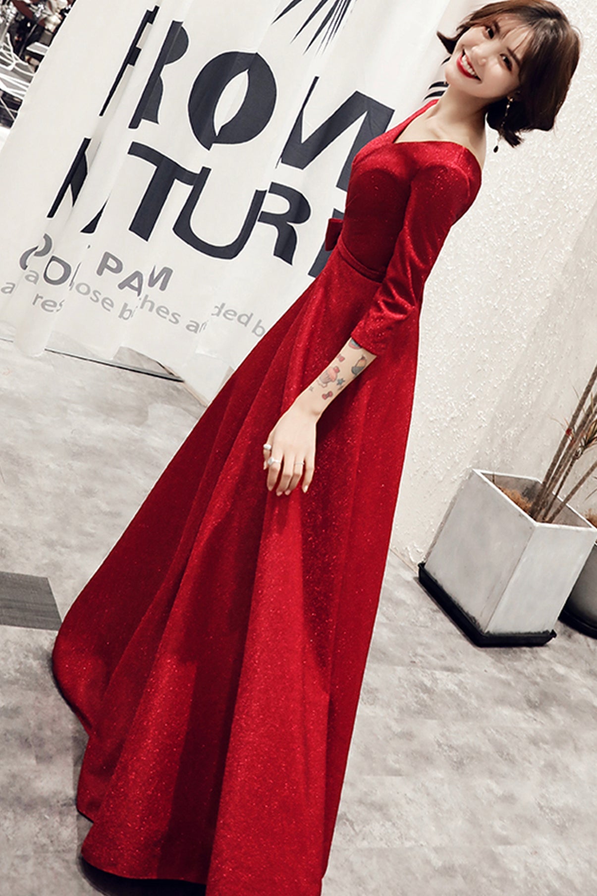 Burgundy v neck long A line prom dress evening dress 8758