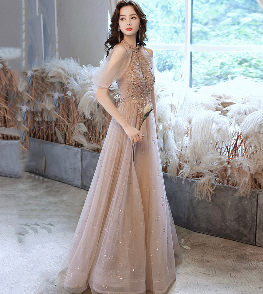 Elegant tulle beads long prom dress evening dress 8441