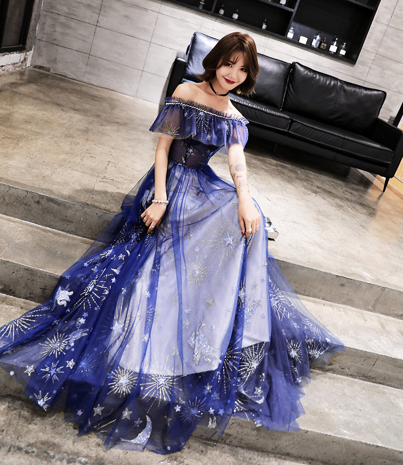 Blue tulle long prom dress with stars 8481