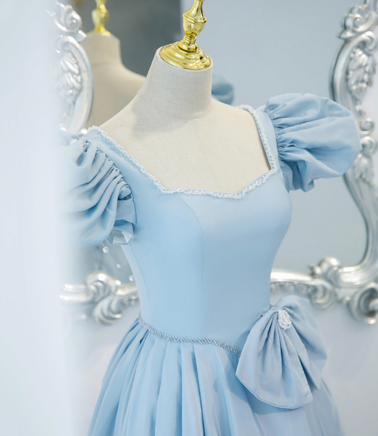 Blue saitn long A line prom dress blue evening dress 8840