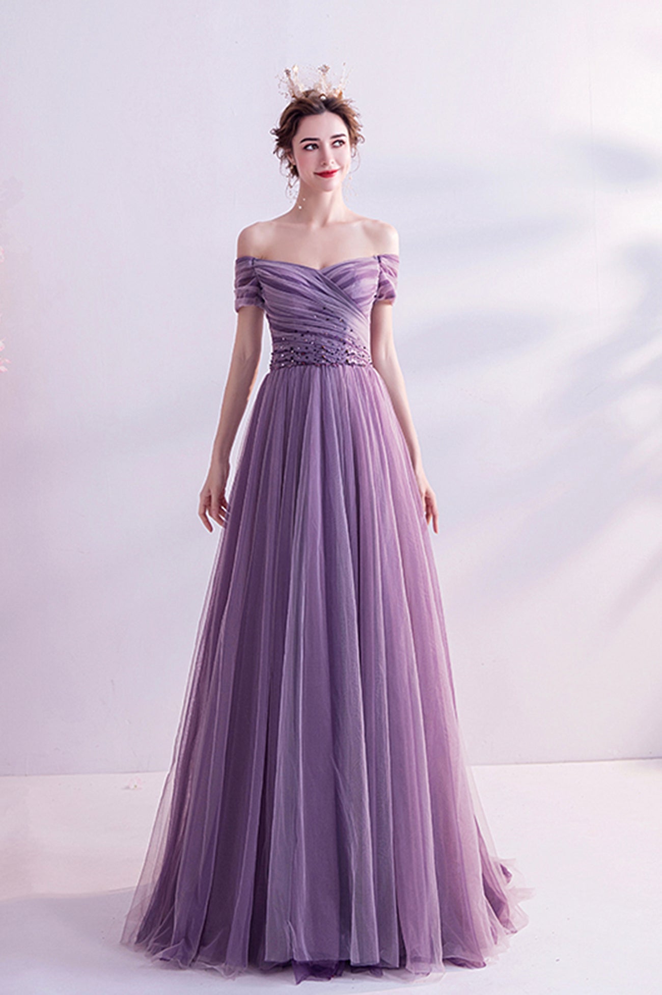 Purple tulle long prom dress A line evening dress 8562
