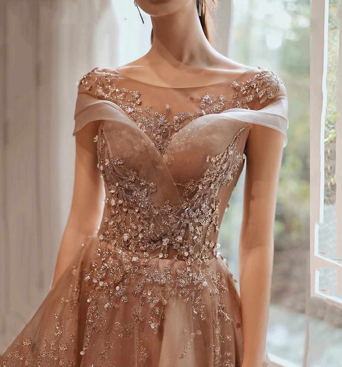 Shiny tulle sequins long prom dress formal dress 8977