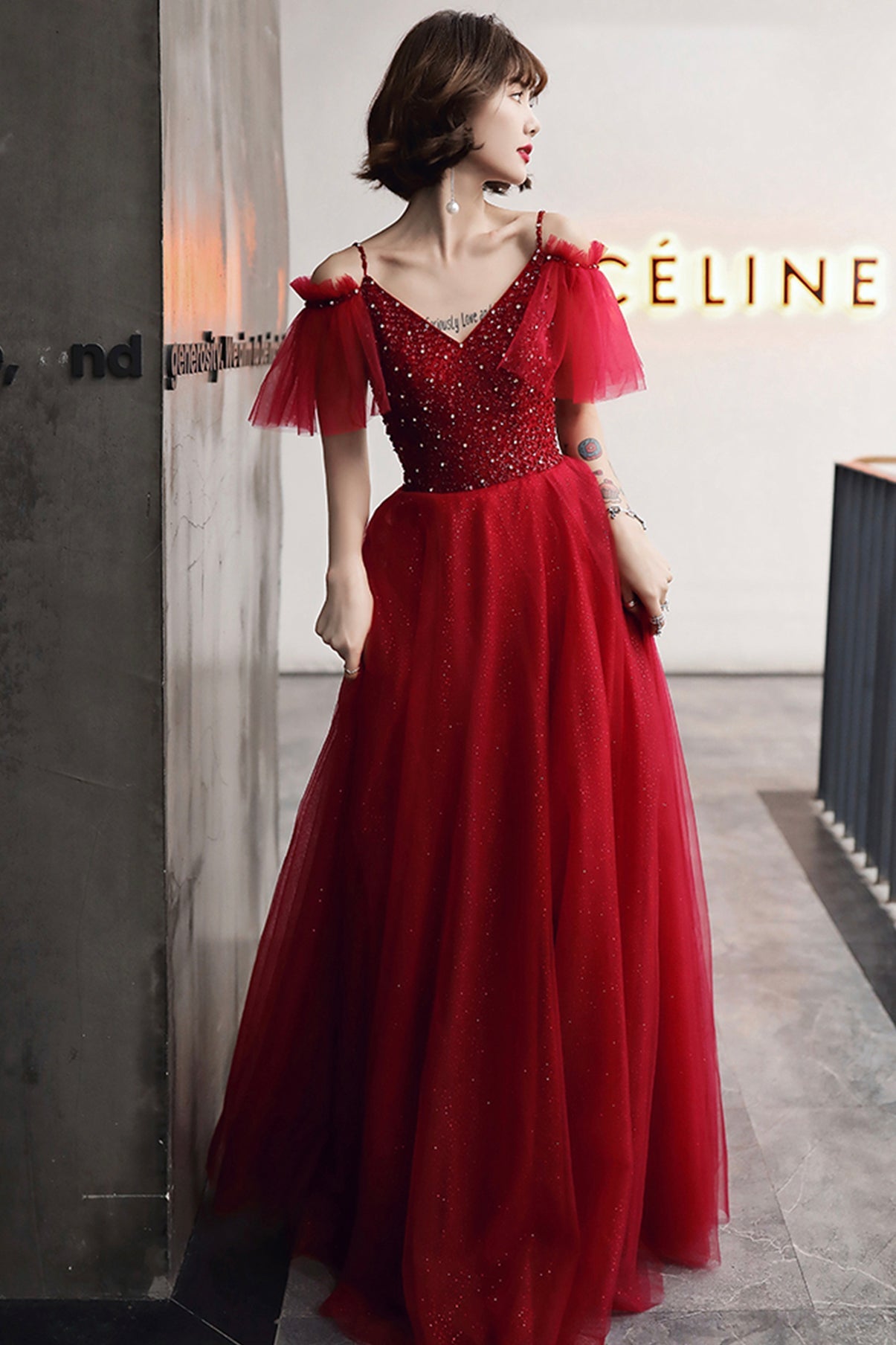 Burgundy tulle beads long A line prom dress evening dress 8767