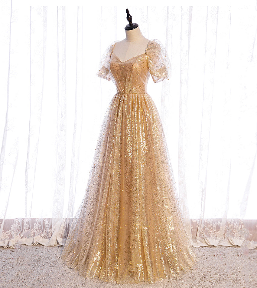 Gold tulle sequins long prom dress evening dress 8428